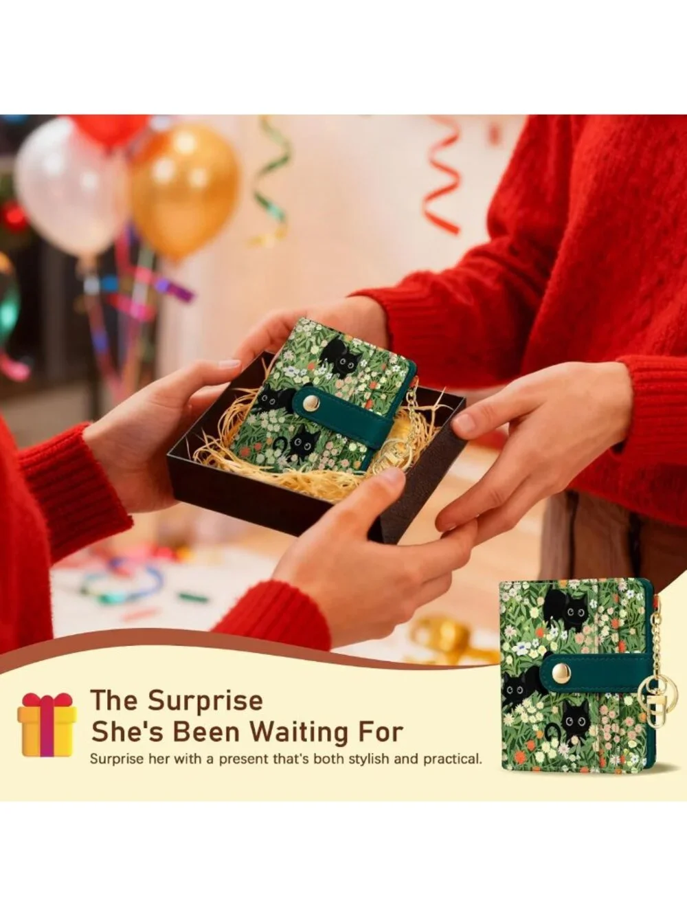 Floral Black Cat RFID Women’s Wallet | Small Slim Credit Card Holder